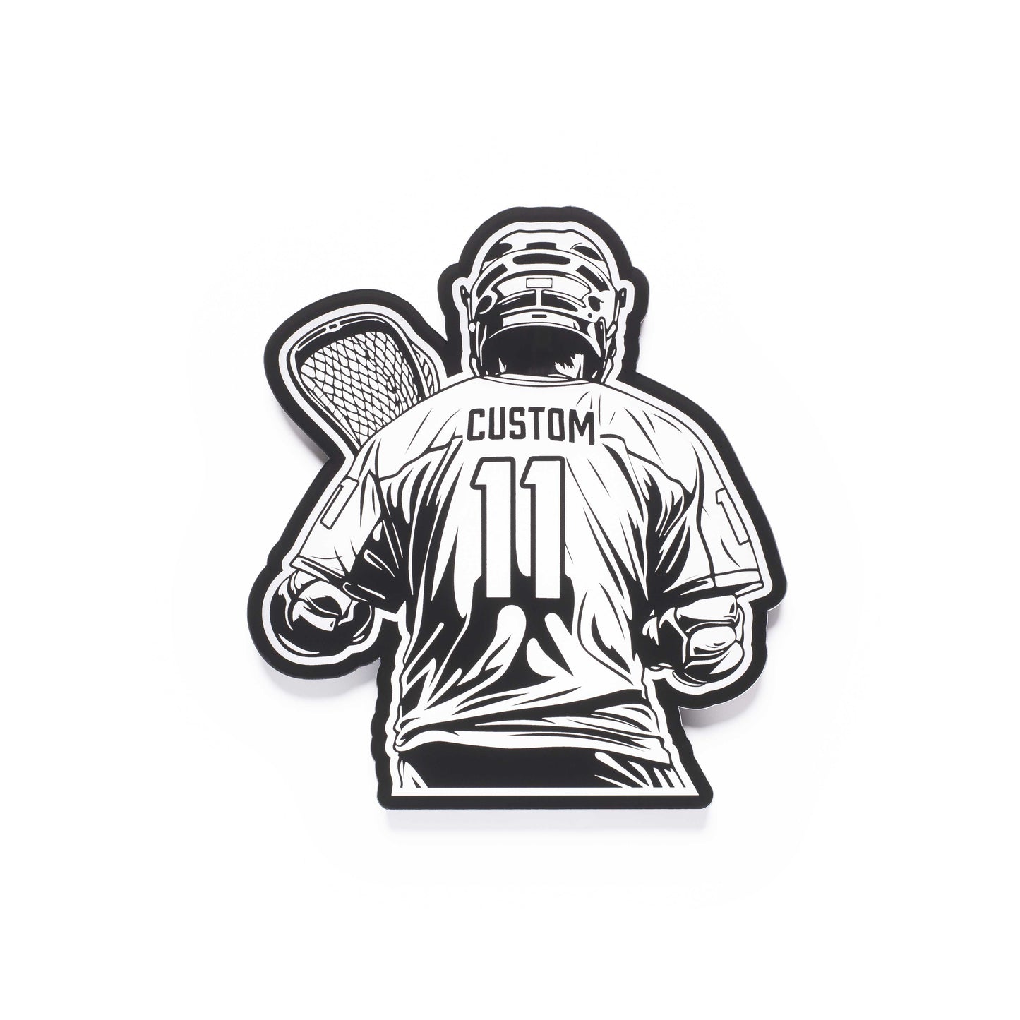 a 3d wall mounted acrylic light, back-lit by  multi-color led lights, featuring a cartoon style illustration of a lacrosse player, view from behind showing the back of the players jersey. The text and number on the back of the jersey can be personalised.