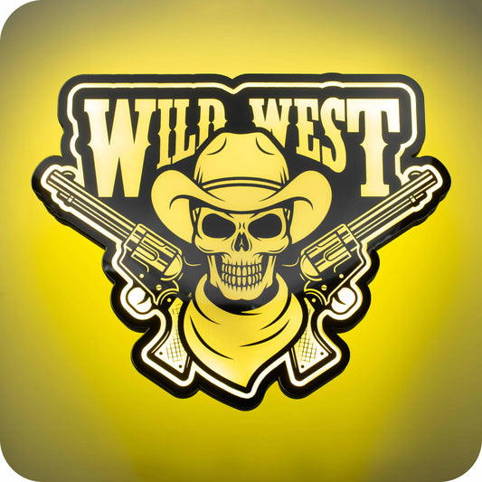 image of 3d LED wall decor, backlit with yellow light,  with an illustration of a wild west bandit complete with two revolvers and some cowboy themed text