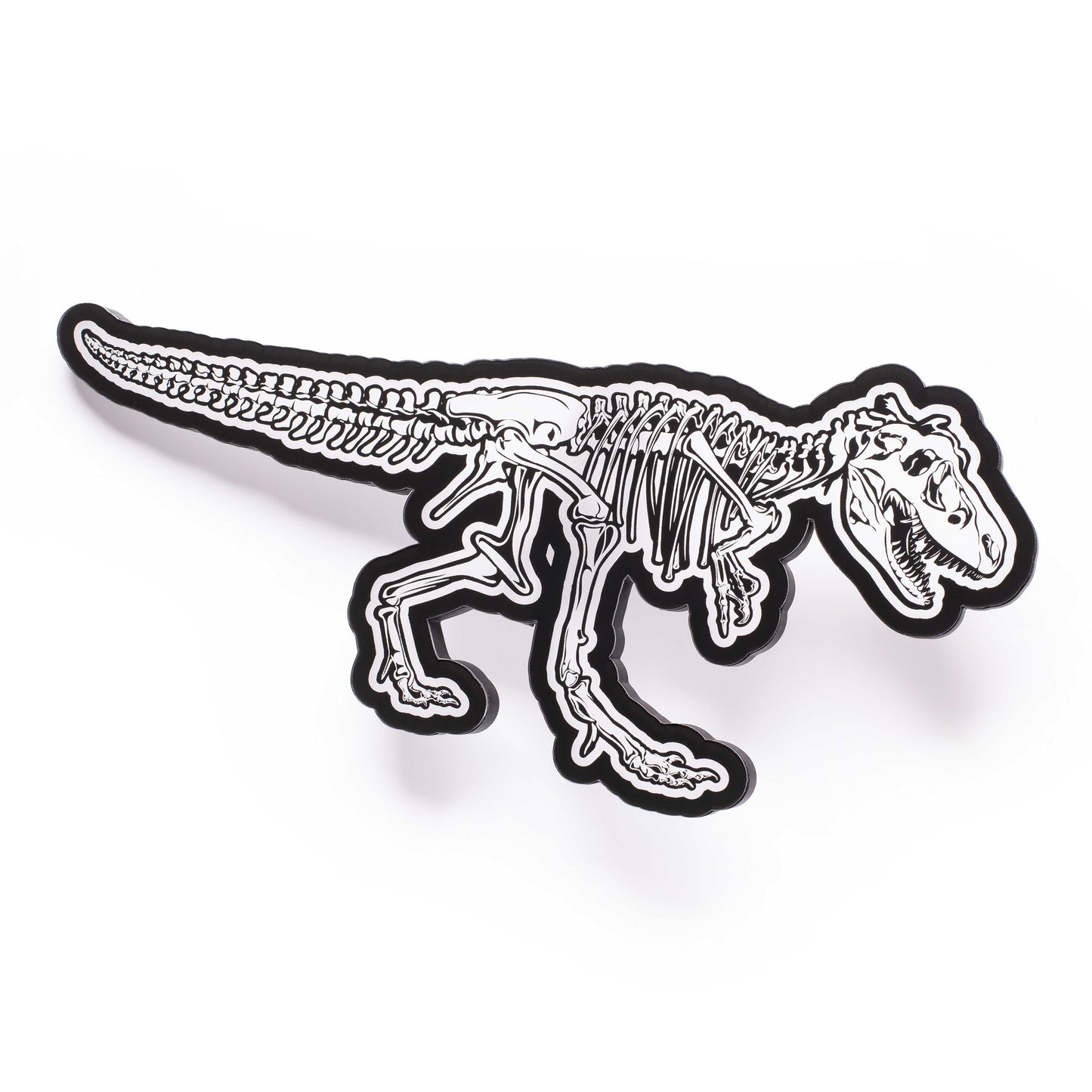 image of a 3d wall mounted acrylic light featuring an epic dinosaur themed illustration of a t-rex skeleton.