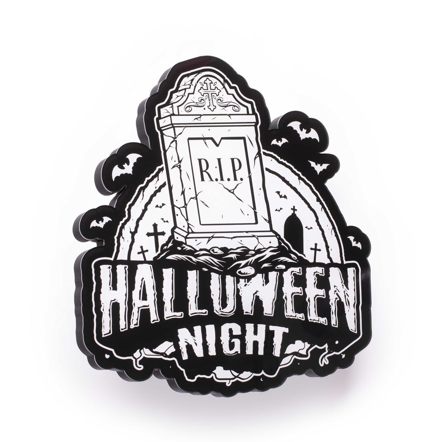 a 3d wall mounted acrylic light, featuring a cartoon style scary halloween themed illustration. A scary tomb stone rises up from a haunted grave yard scene complete with bats and spooky halloween themed text that reads "halloween night". 