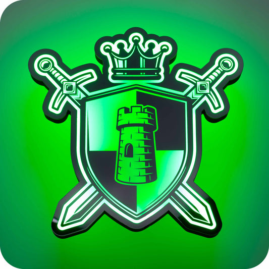 a 3d wall mounted acrylic light, backlit by green multicolor led lights, featuring a cartoon style illustration of a knights shield. In the centre of the shields sits a small castle turret, to the rear of the shield; two glistening swords form an 'x' and a crown rests on top. The photo is taken at an angle that demonstrates the reflective surface of the acrylic upon which the illustration rests.