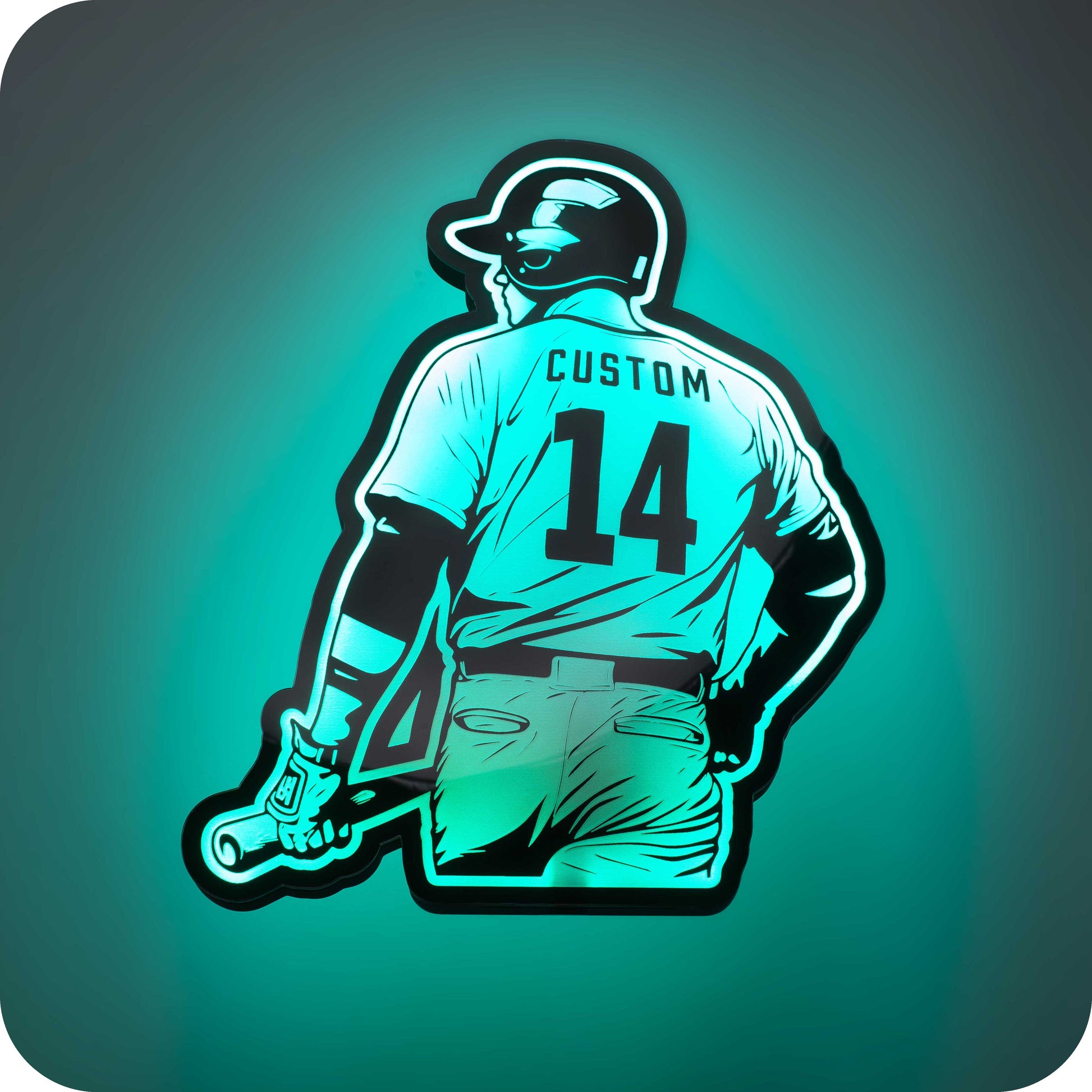 a 3d wall mounted acrylic light, back-lit by  multi-color led lights, featuring a cartoon style illustration of baseball player holding his bat, view from behind showing the back of the baseball players jersey. The text and number on the back of the jersey can be personalised.