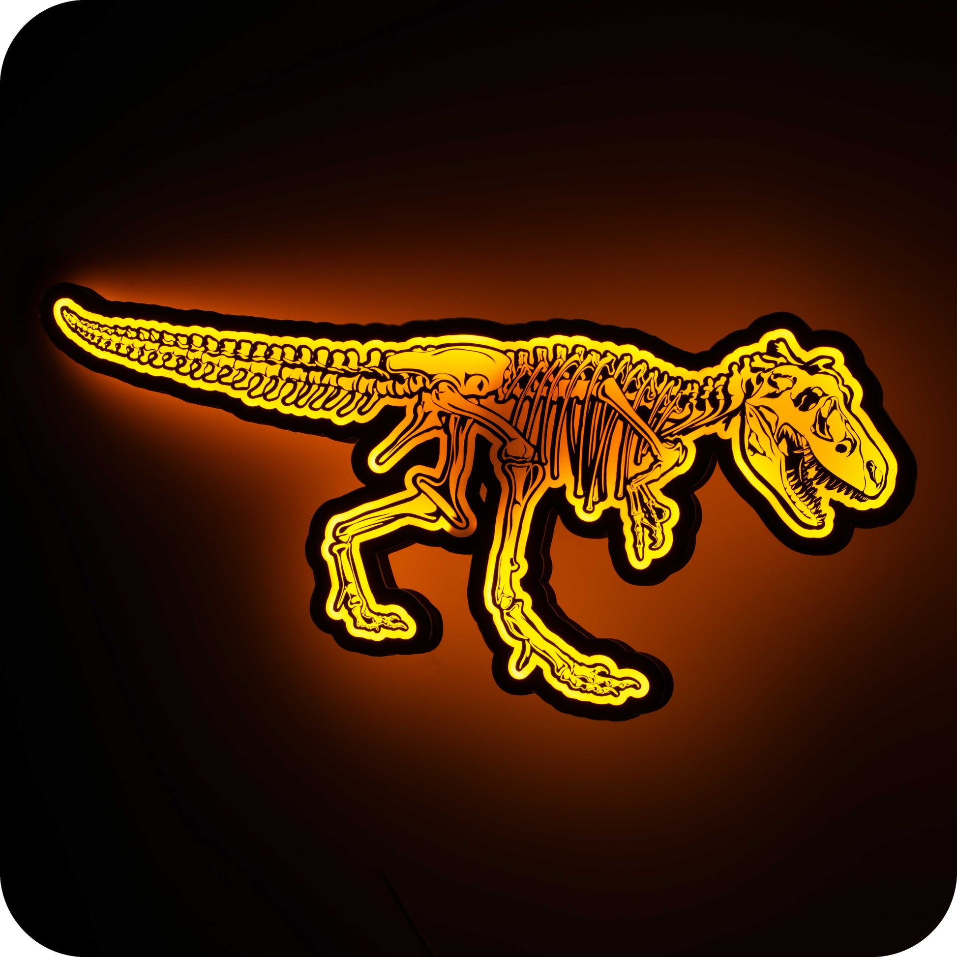 image of a 3d wall mounted acrylic light, backlit by orange led lights, featuring an epic dinosaur themed illustration of a t-rex skeleton.