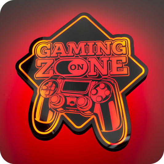 image of a 3d wall mounted acrylic light, back lit by red led lights, featuring a cartoon style image of a gaming controller. Above the controller sits some epic "gaming zone" text