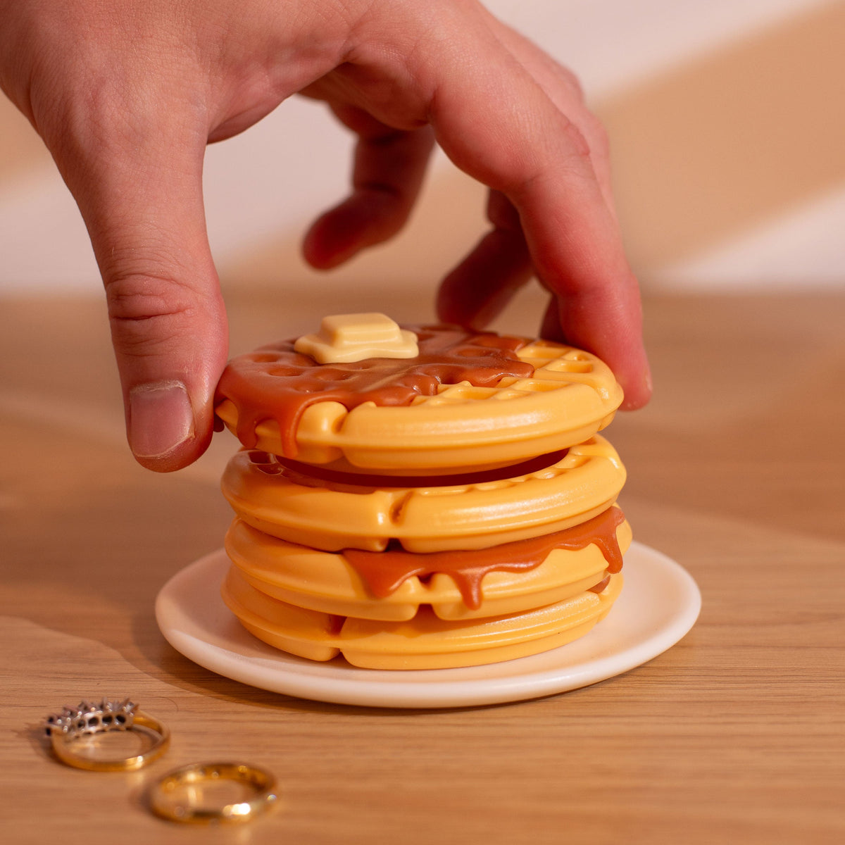 Top view of waffle trinket dish with syrup and butter detailing