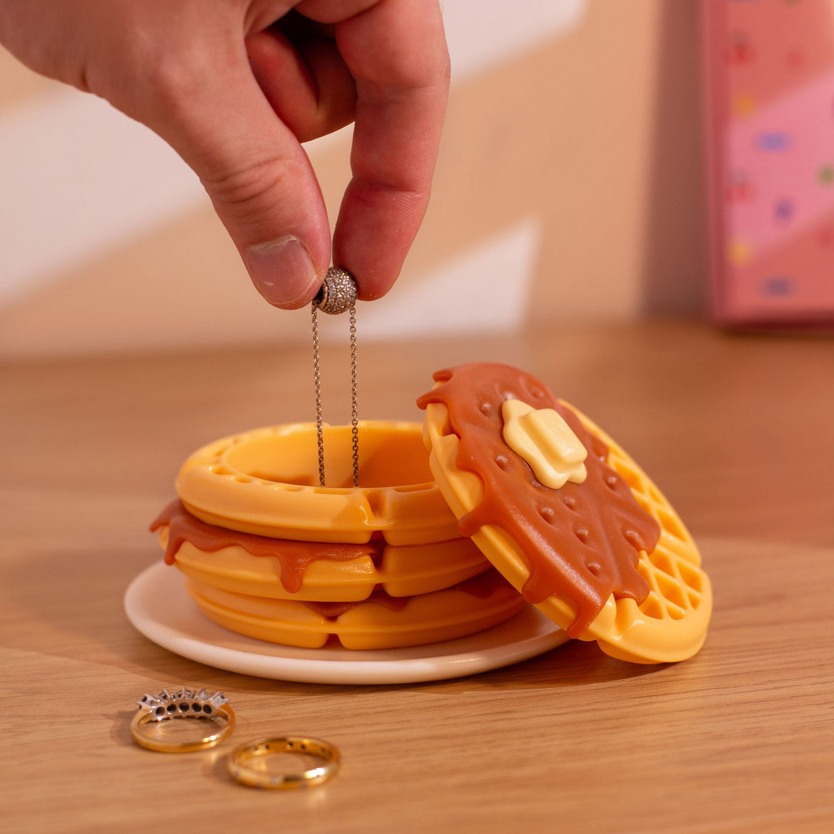 Side view of waffle trinket dish showing stacked waffle design