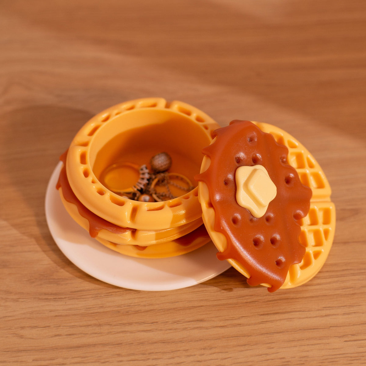 Cute waffle jewelry box used as decorative desk storage