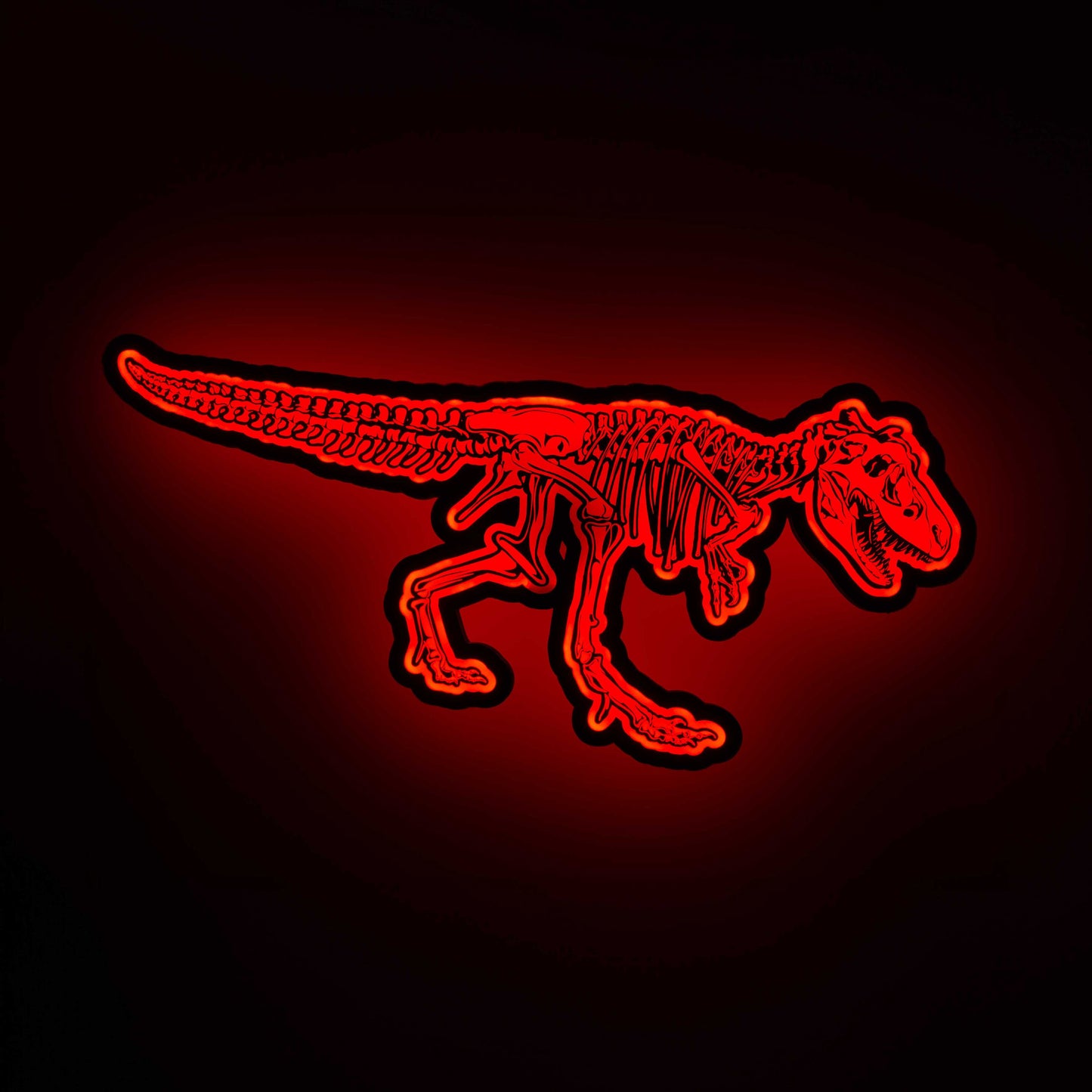 image of a 3d wall mounted acrylic light, backlit by red led lights, featuring an epic dinosaur themed illustration of a t-rex skeleton.