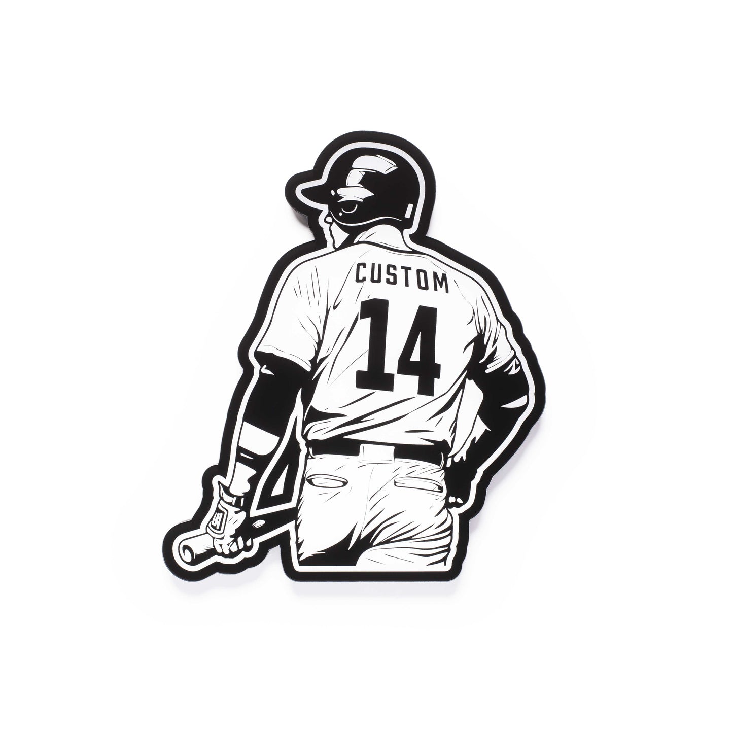 a 3d wall mounted acrylic light, back-lit by  multi-color led lights, featuring a cartoon style illustration of baseball player holding his bat, view from behind showing the back of the baseball players jersey. The text and number on the back of the jersey can be personalised.