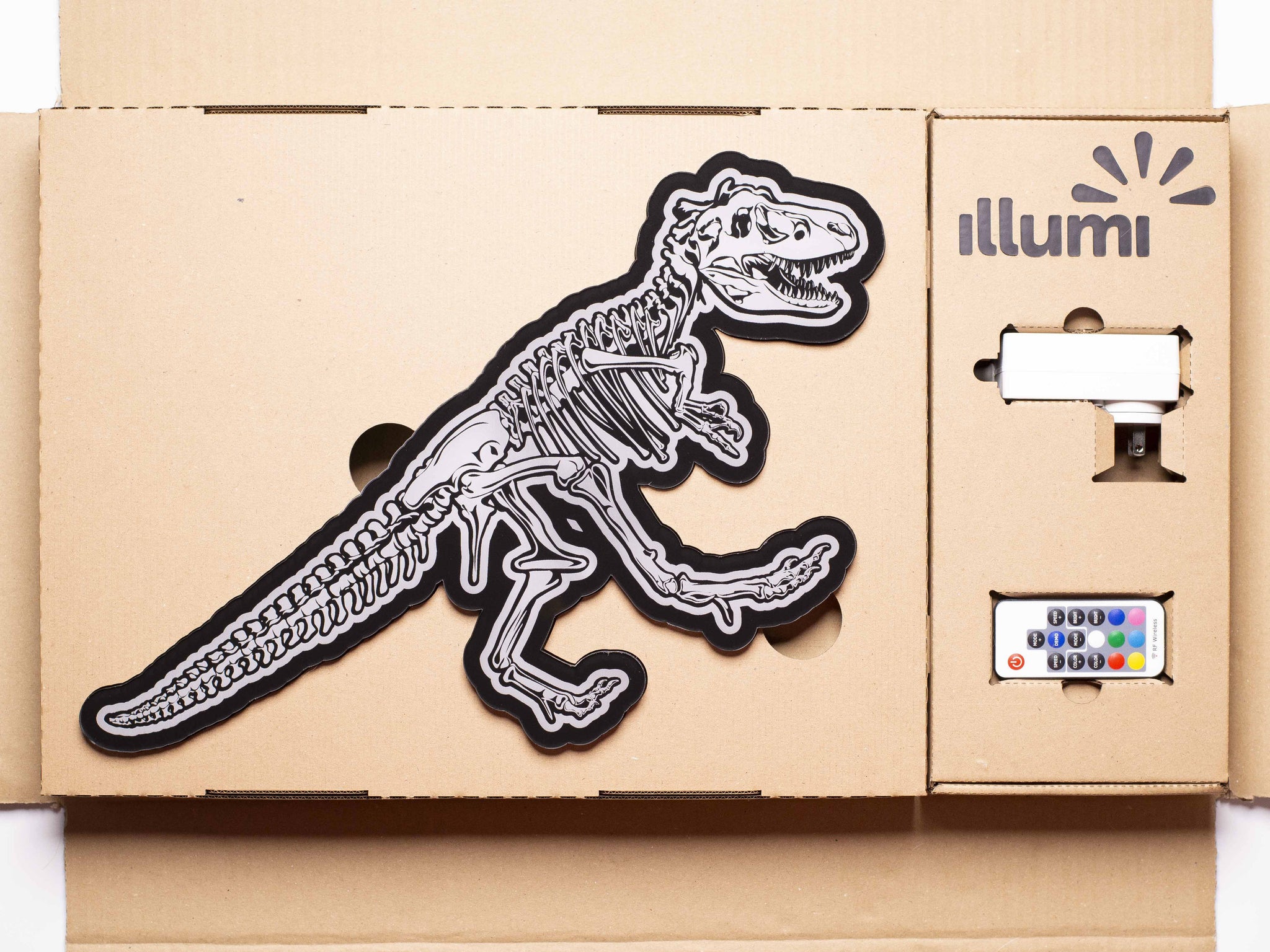 a stop motion product unboxing video of a 3d wall mounted acrylic light, backlit by multicolor led lights, featuring an epic dinosaur themed illustration of a t-rex skeleton.